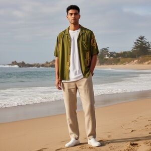 Molokai Surf Co. Men’s Button Down Shirt Olive Green/Mustard Cactus Size-XXL GUC